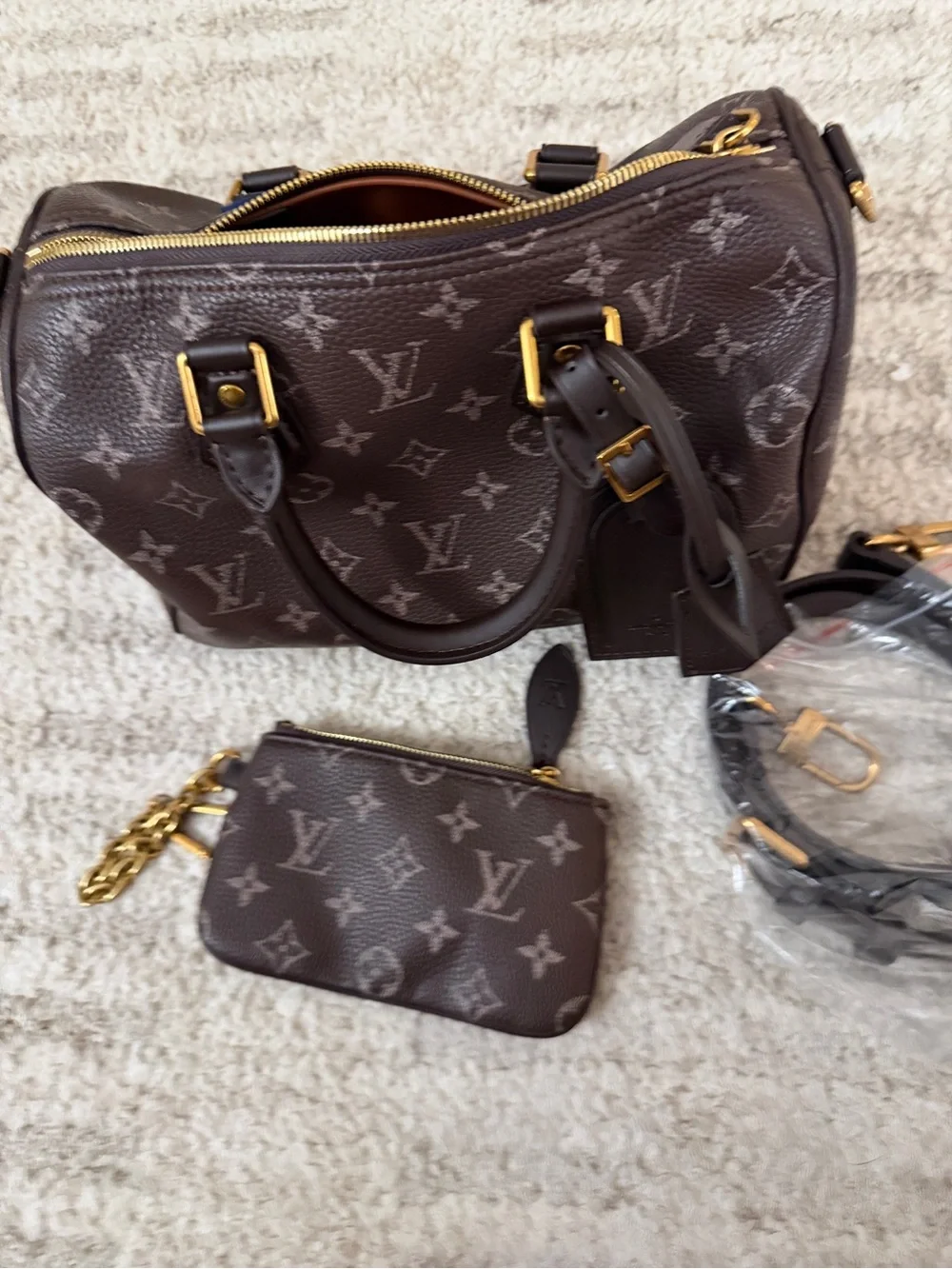 Dark Brown Speedy P9 soft Monogram Satchel with Matching Pouch